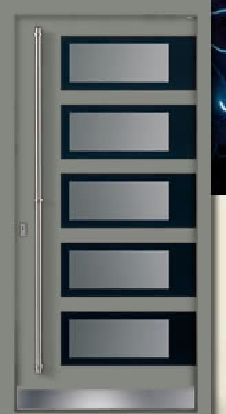 Eine Tür mit Edelstahlgriff und Glaseinsätzen