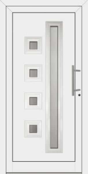 Eine weiße Tür mit Quadraten und einem Edelstahlgriff.