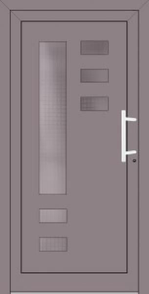 Eine violette Tür mit Quadraten und einem weißen Griff