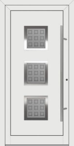 Eine weiße Tür mit drei Quadraten darauf