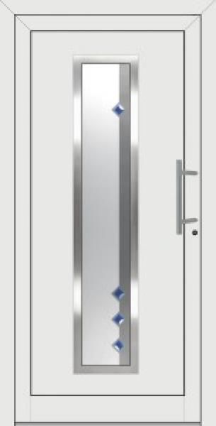 Eine weiße Tür mit Edelstahlrahmen und Glas