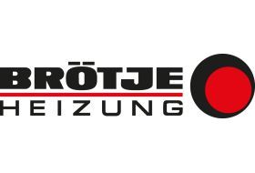 Logo für Brötje Heizung, schwarzer Text und rote Linien, schwarzer und roter Kreis rechts.