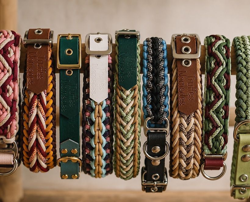 Des bracelets et des manchettes en cuir tressé coloré sont suspendus en rangée sur un présentoir.