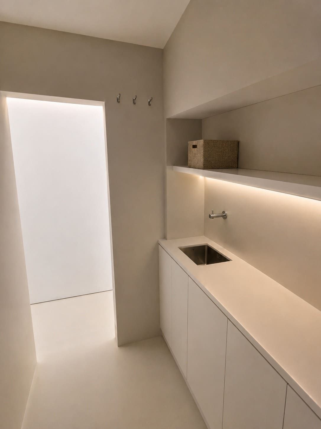Cocina minimalista blanca con armarios, fregadero, estante y puerta luminosa a la izquierda.