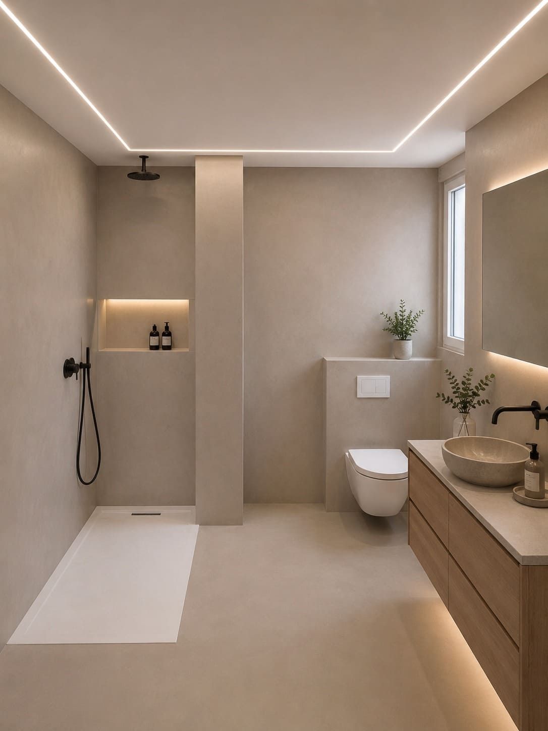 Baño minimalista de color beige con ducha a ras de suelo, inodoro suspendido y tocador de madera con lavabo.