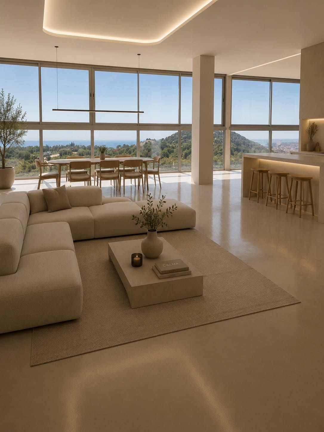 Salón moderno de planta abierta con sofá modular beige, zona de comedor y ventanales del suelo al techo con vistas al mar.