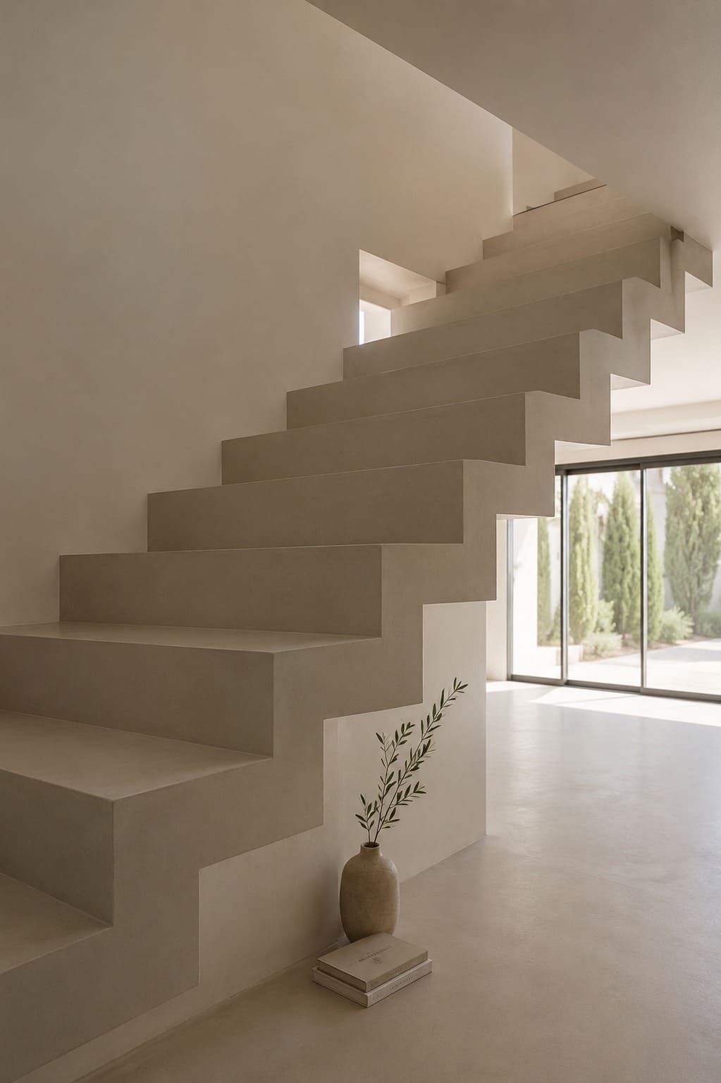 Escalera minimalista de hormigón en un interior moderno y luminoso con un jarrón en el suelo junto a una ventana.