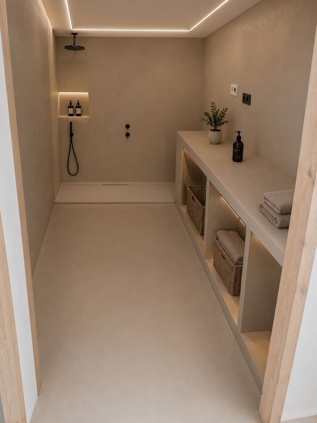 Habitación de spa minimalista en tonos beige con ducha, estantes empotrados e iluminación cálida en el techo.