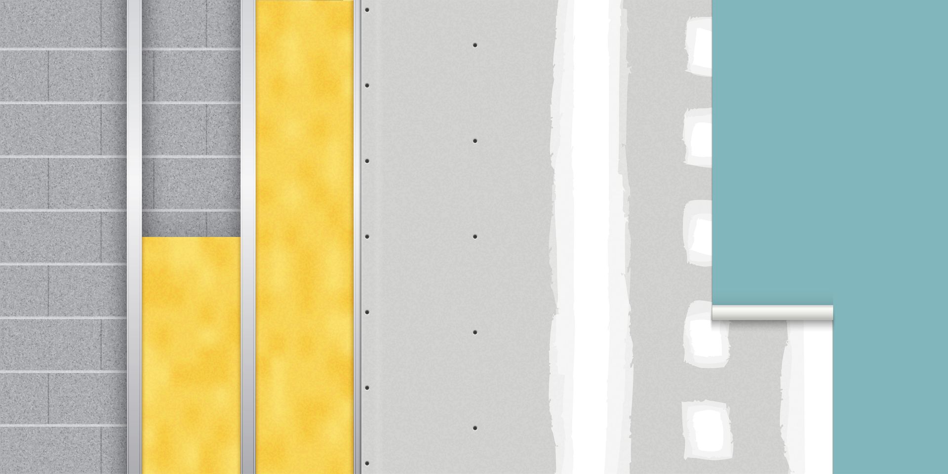 Un mur avec les différentes couches appliquées, au fur et à mesure, du béton au revêtement