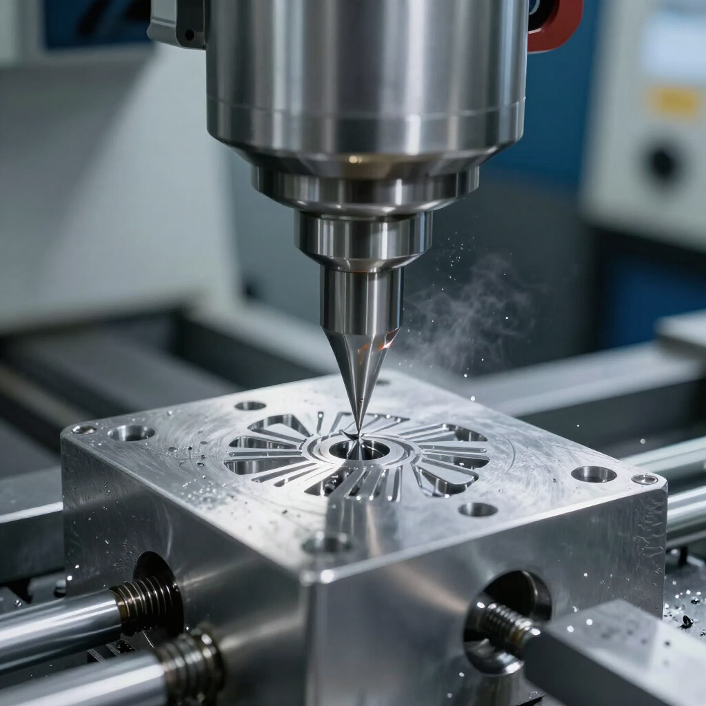 Fresadora CNC cortando un bloque de metal con finos residuos en un taller.