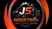 Logotipo de JS Industrial con engranajes, anillo naranja y texto para desgarro, fresado CNC y soldadura.