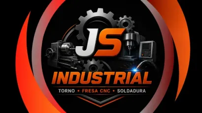 Logotipo de JS Industrial con engranajes, anillo naranja y texto para desgarro, fresado CNC y soldadura.