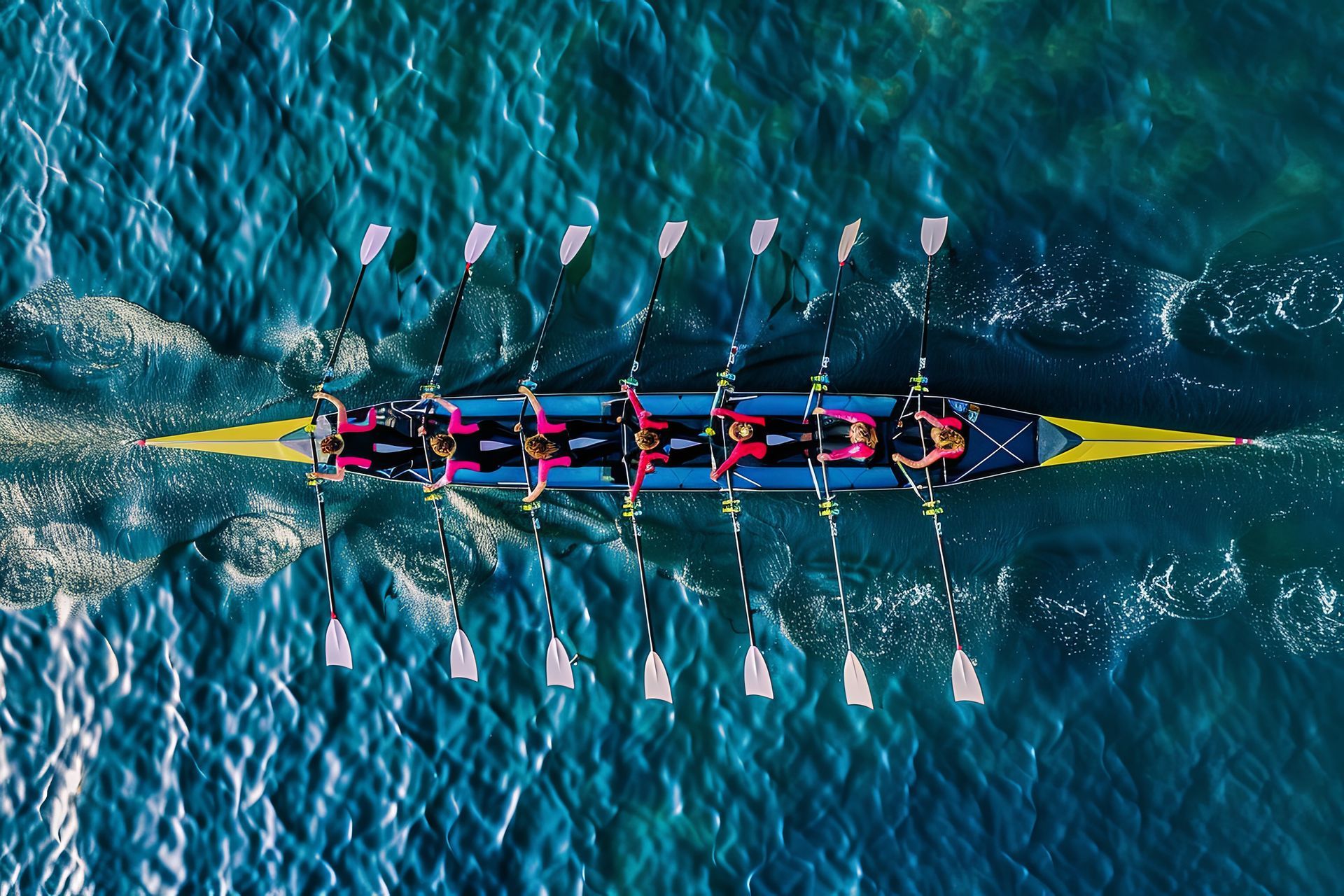 Ruderteam in einem Boot auf blauem Wasser, acht Personen rudern.