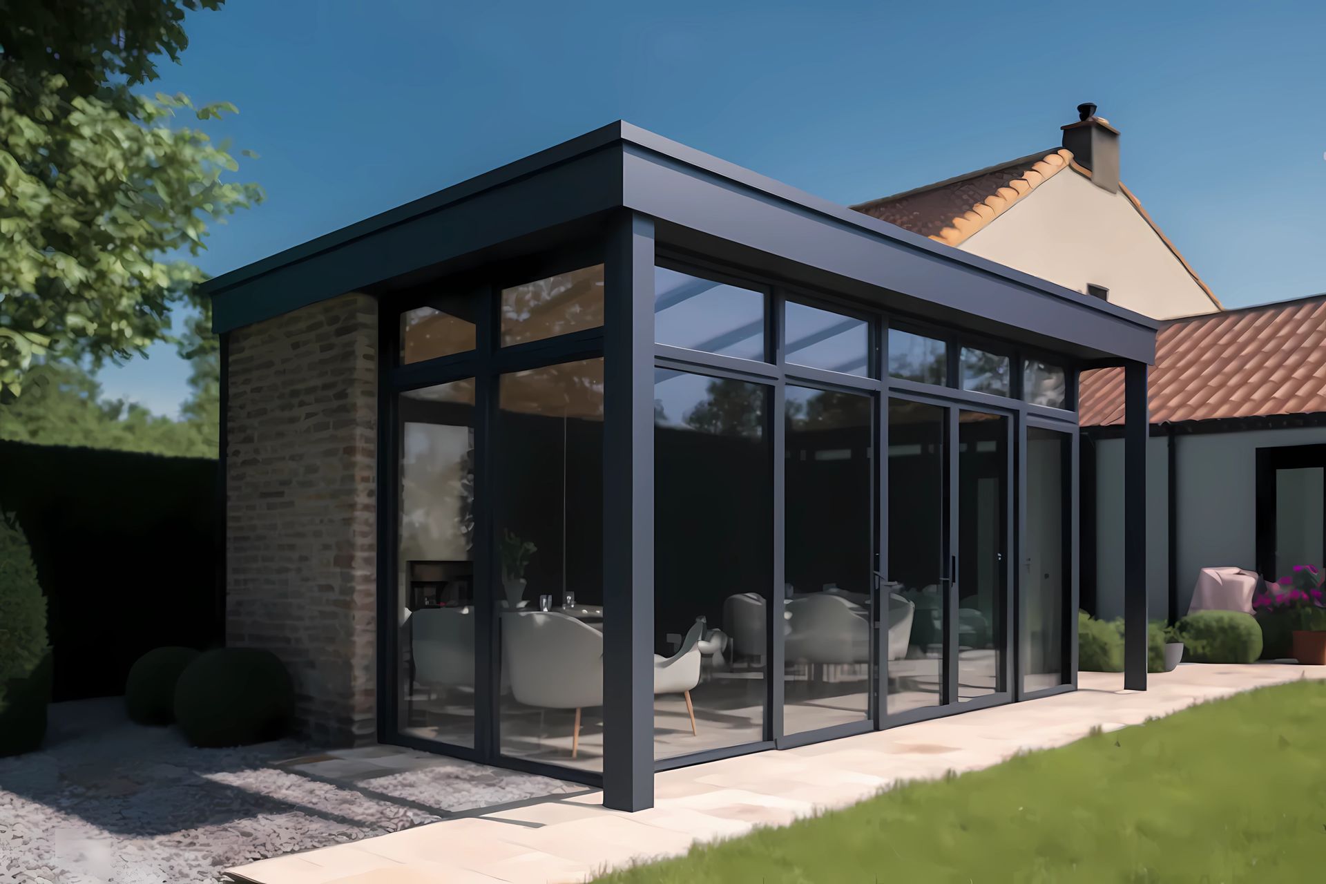 Véranda aménagée en brique et aluminium