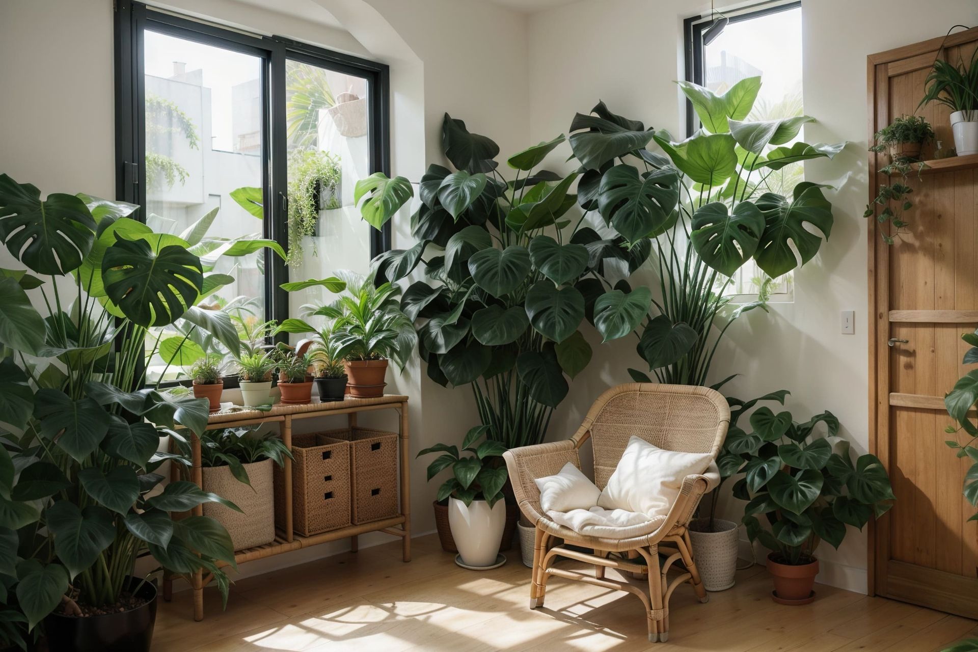 Una habitación llena de muchas plantas en macetas y una silla.