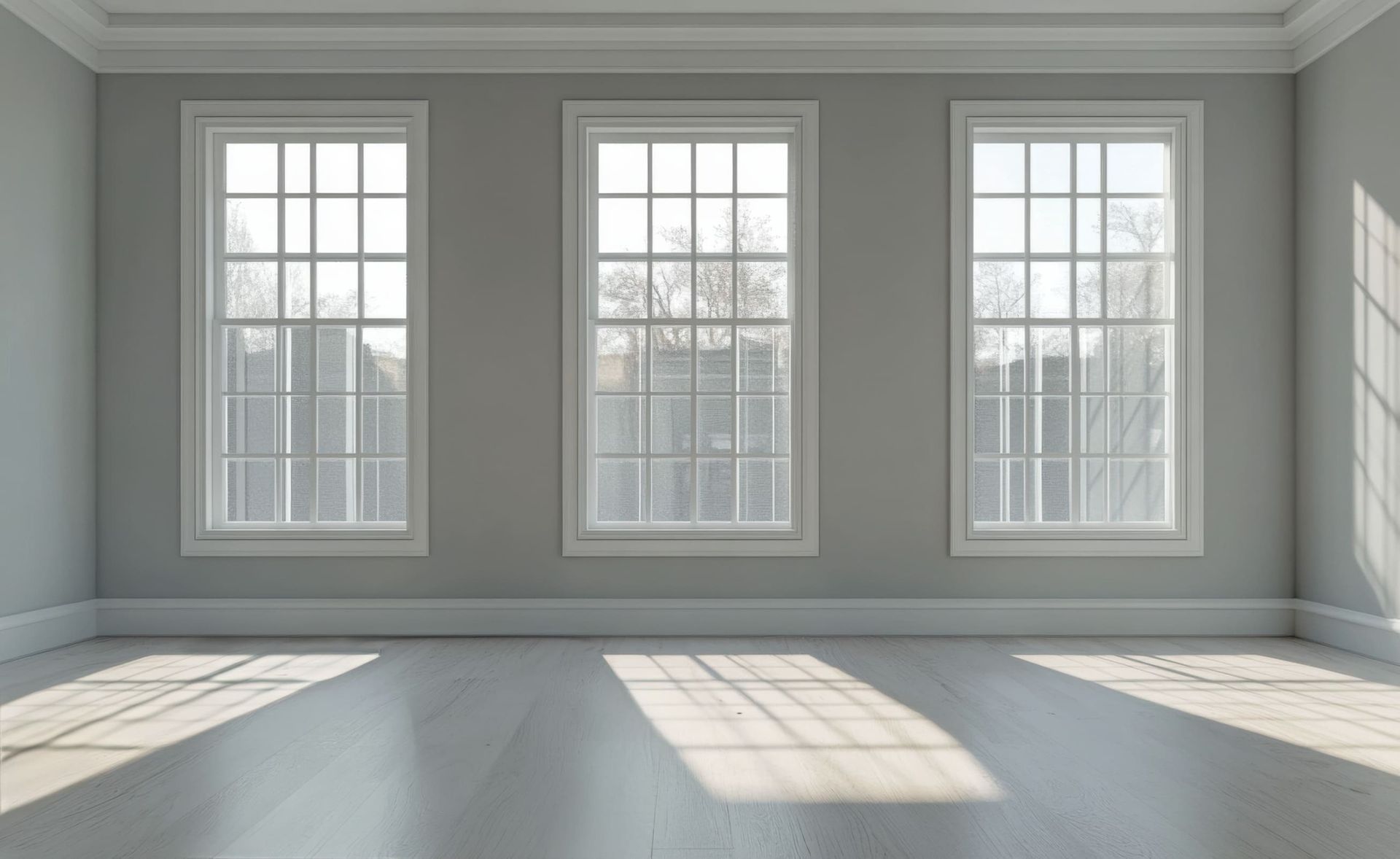 Una habitación vacía con tres ventanas y suelo de madera.