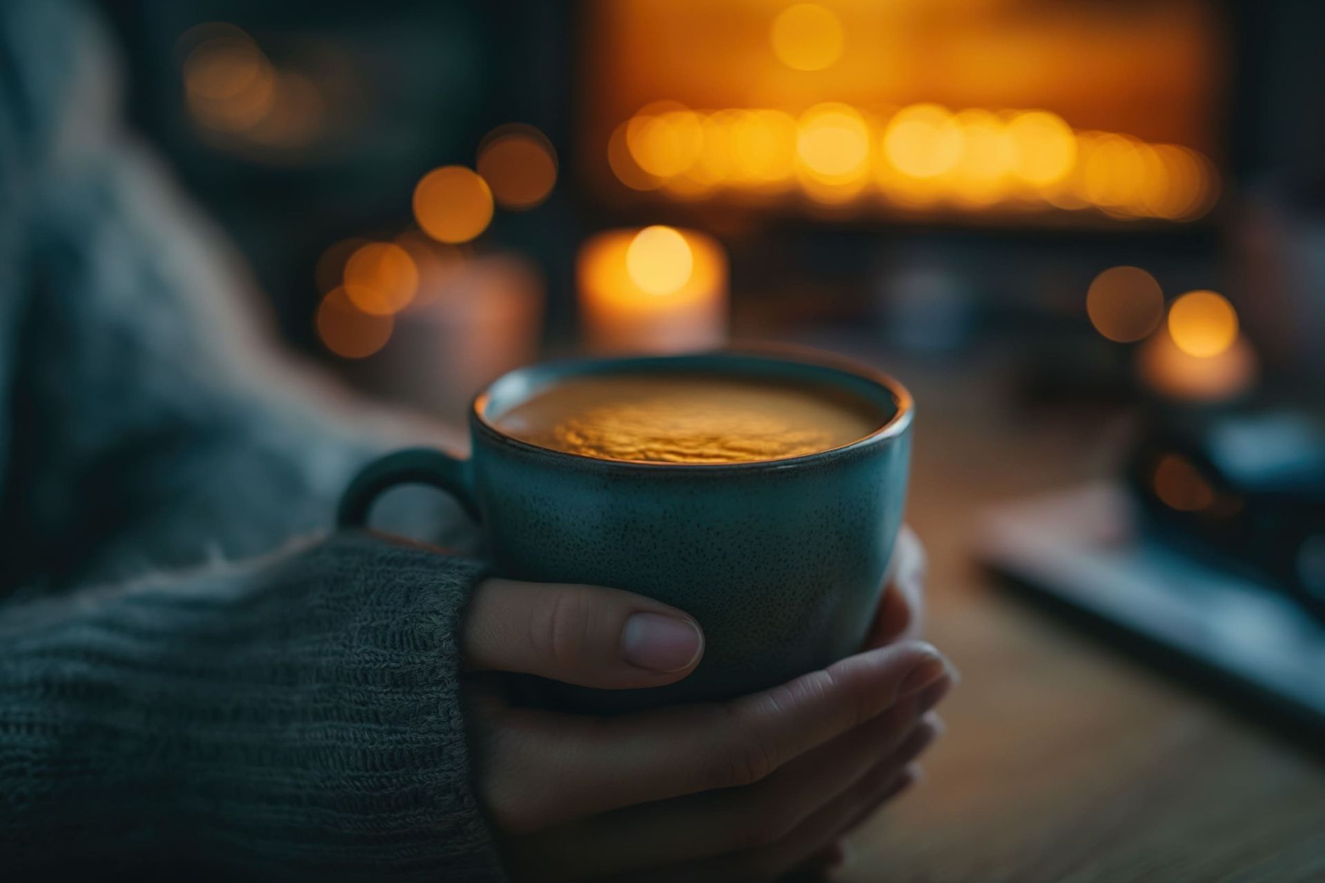 Una persona sostiene una taza de café frente a una chimenea.