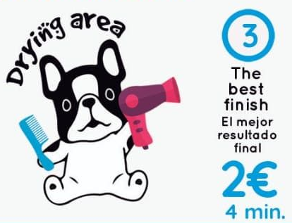 Cartel de zona de secado con un bulldog francés sujetando un peine y un secador de pelo, ofreciendo 4 minutos de secado por 2 euros.