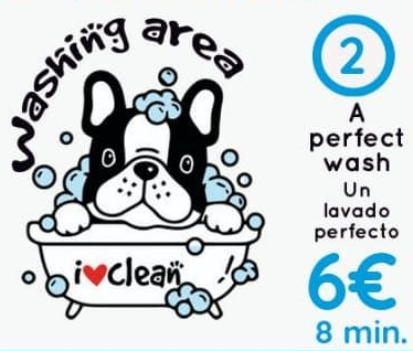 Letrero de la estación de lavado de perros: un bulldog de dibujos animados en una bañera con burbujas. «Un lavado perfecto», 6 € y 8 minutos de duración.