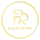 Goldenes Logo mit zwei stilisierten „R“-Buchstaben in einem goldenen Kreis und darunter dem Text „RIDEPRIME“.
