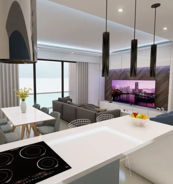 Espaço de convivência moderno com ilha na cozinha