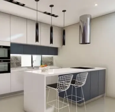Modern kitchen with white and blue cabinetry, a central island with bar stools, and pendant lights.