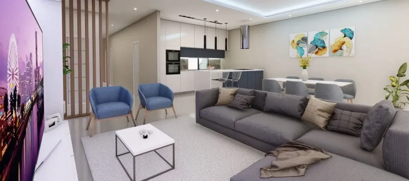 Um quarto com um armário de cor clara, uma janela e uma porta que leva a outro quarto com uma cama.