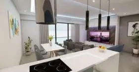 Sala de estar moderna em conceito aberto com ilha na cozinha e área de jantar.