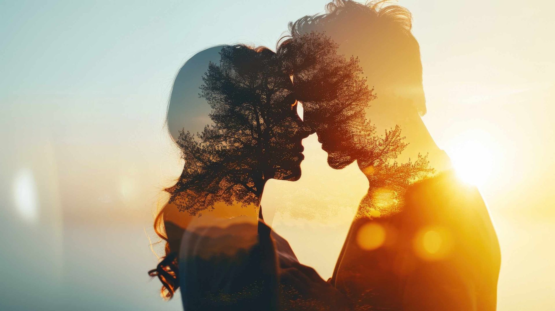 Una doble exposición de un hombre y una mujer besándose con árboles al fondo.