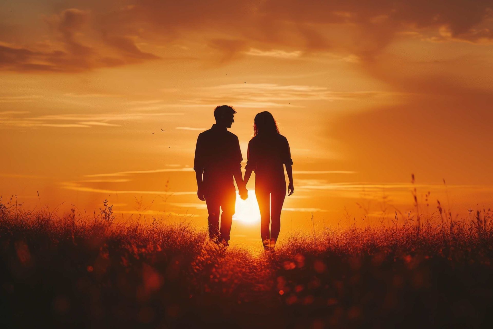 Un hombre y una mujer se toman de la mano mientras caminan por un campo al atardecer.