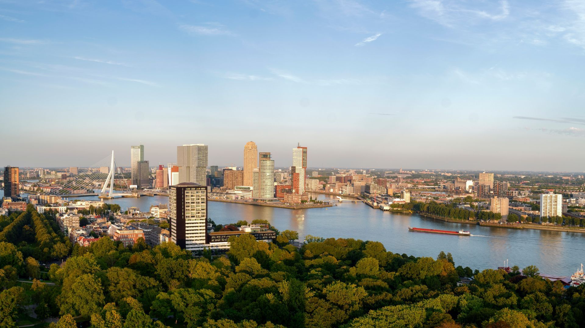 Rotterdam view over the harbor in he evening from Euomast