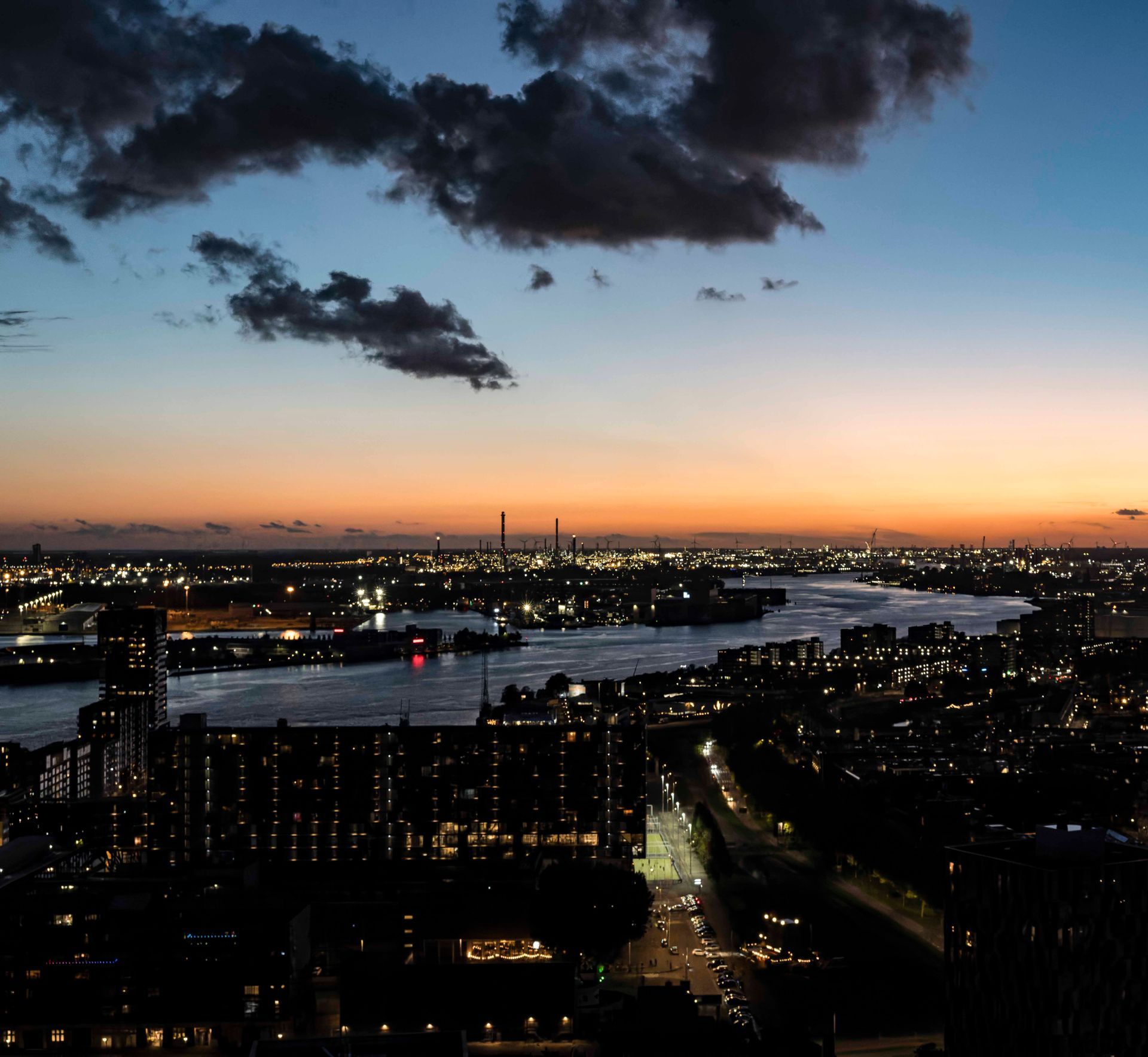 Euromast view to the harbor area at sun down