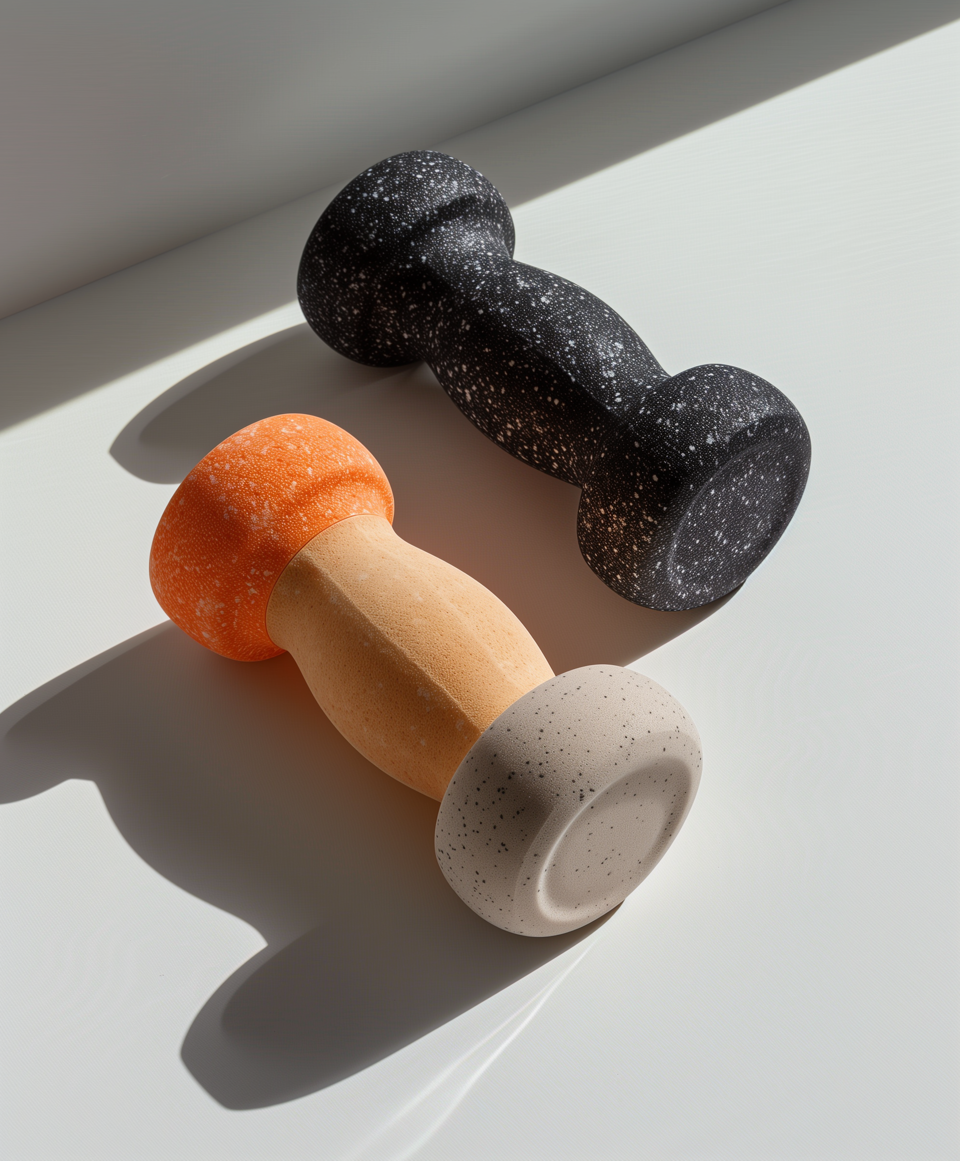 Two dumbbell-shaped exercise weights rest on a white surface, one black with white speckles and one orange and beige.