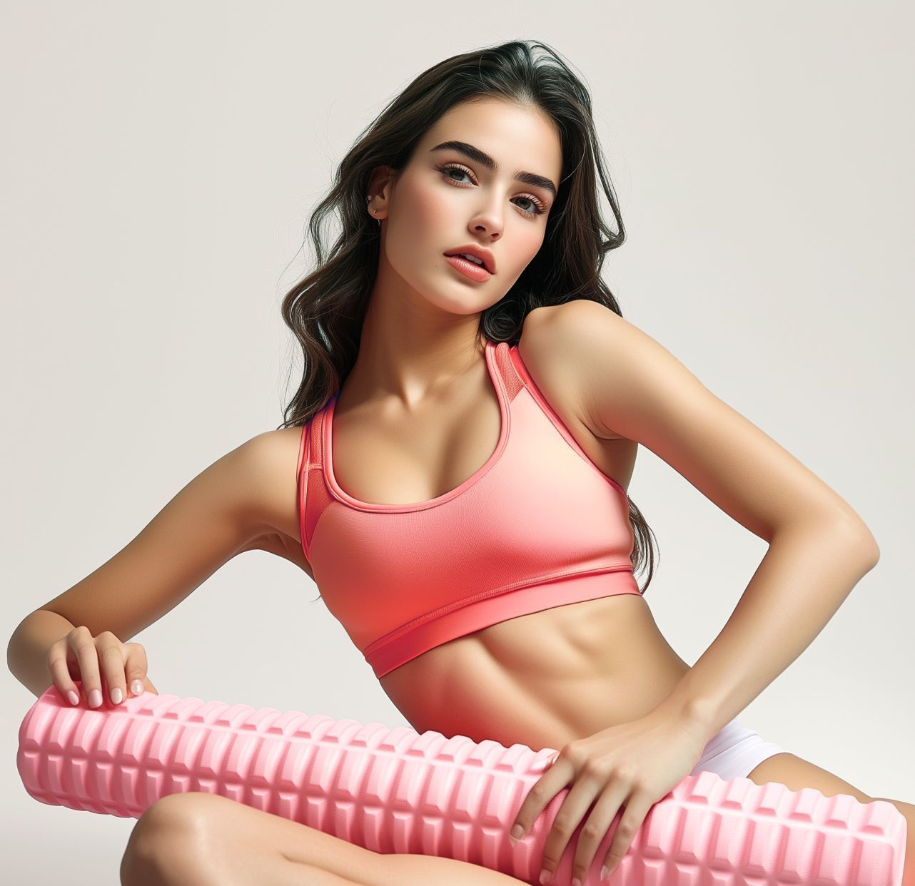 A person with wavy hair wearing a coral sports bra poses against a neutral background, holding a textured pink foam roller.