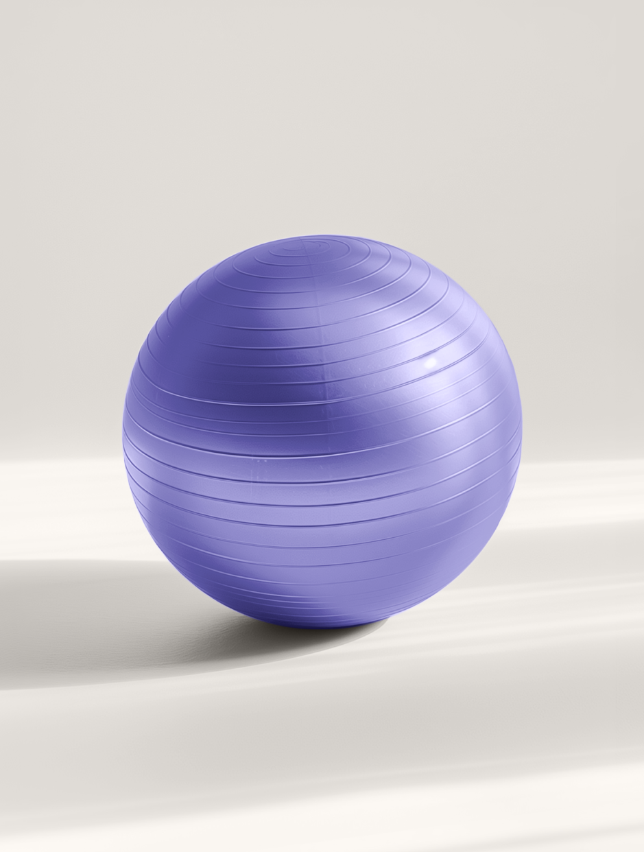 A tan-colored yoga or exercise ball with horizontal ribbed texture, isolated on a light background.