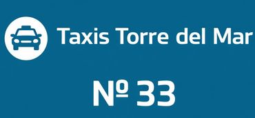 A blue logo for Taxis Torre del Mar, featuring a white car icon followed by the text "N&ordm; 33".