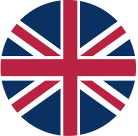 A circular emblem featuring the Union Jack flag of the United Kingdom, designed with red, white, and blue.