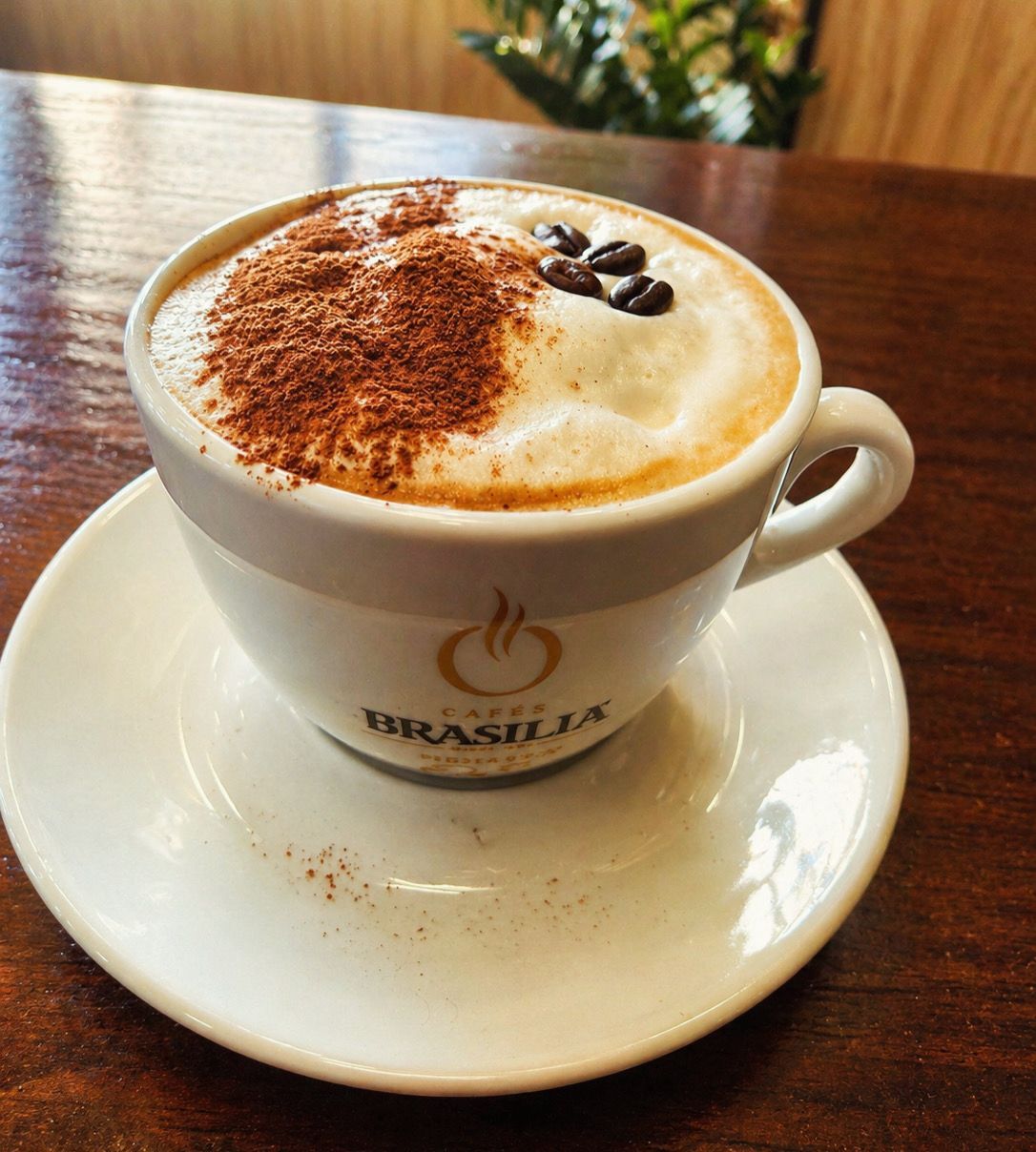 Un capuchino con cacao en polvo y granos de café sobre un platillo en una mesa de madera.