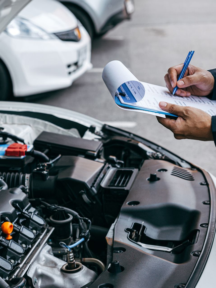 Une personne prend des notes sur un bloc-notes tout en inspectant le compartiment moteur.