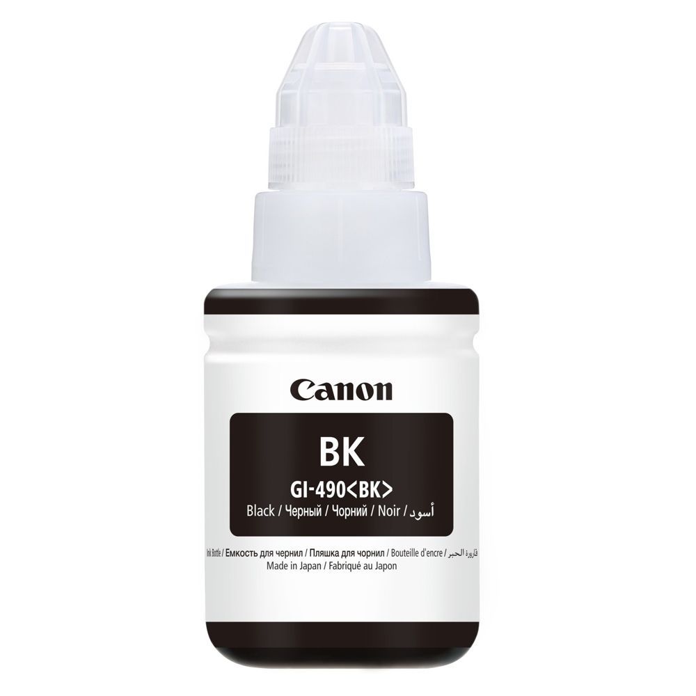 Φιάλη μαύρου μελανιού Canon, GI-490/KBK, με λευκό καπάκι σε απλό φόντο