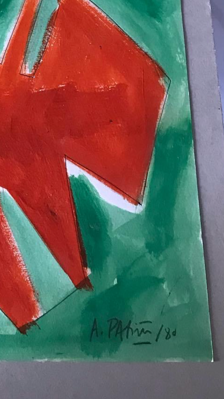 Forma abstracta roja sobre fondo verde, firmada