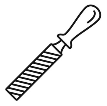Eine schwarz-weiße Strichzeichnung einer Metallraspel mit Holzgriff.