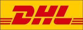 Un logotipo de DHL rojo y amarillo sobre un fondo amarillo.