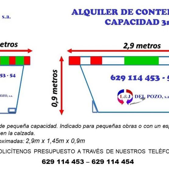 Un dibujo de un contenedor de basura con medidas y un número de teléfono.