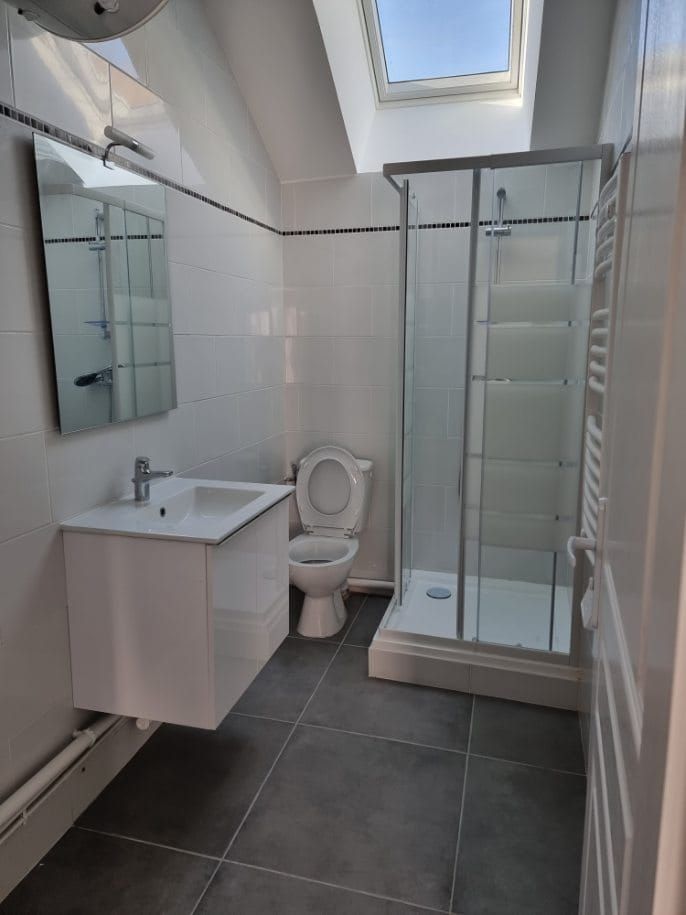 Salle de bains terminée avec un lavabo, un miroir, des toilettes, une cabine de douche et un sèche-serviettes