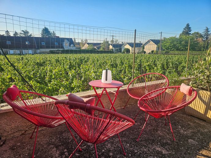 La terrasse du Clos des Loups face aux vignes de Morey-Saint-Denis