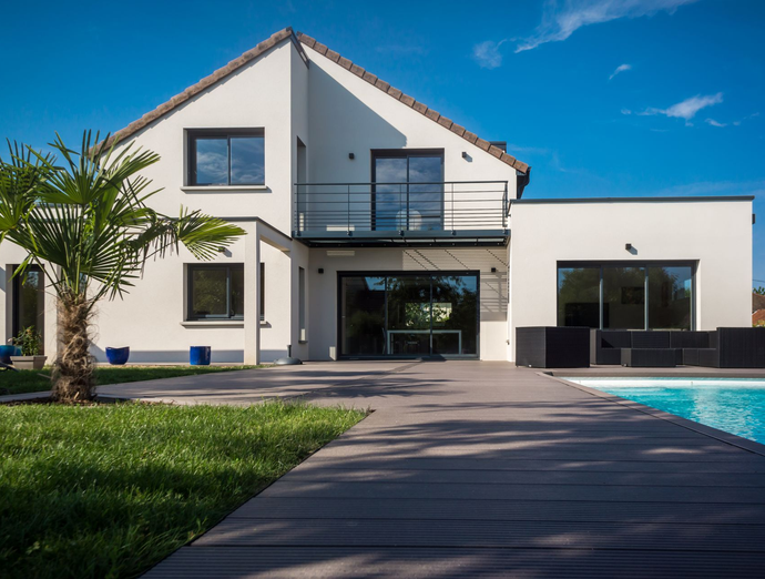 Maison blanche moderne avec fenêtres à cadre noir, balcon, piscine et terrasse en bois sous un ciel bleu.