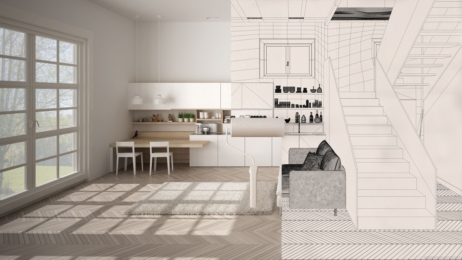 Espace de vie moderne, à moitié fini avec une cuisine blanche, une table et un croquis d'escalier.