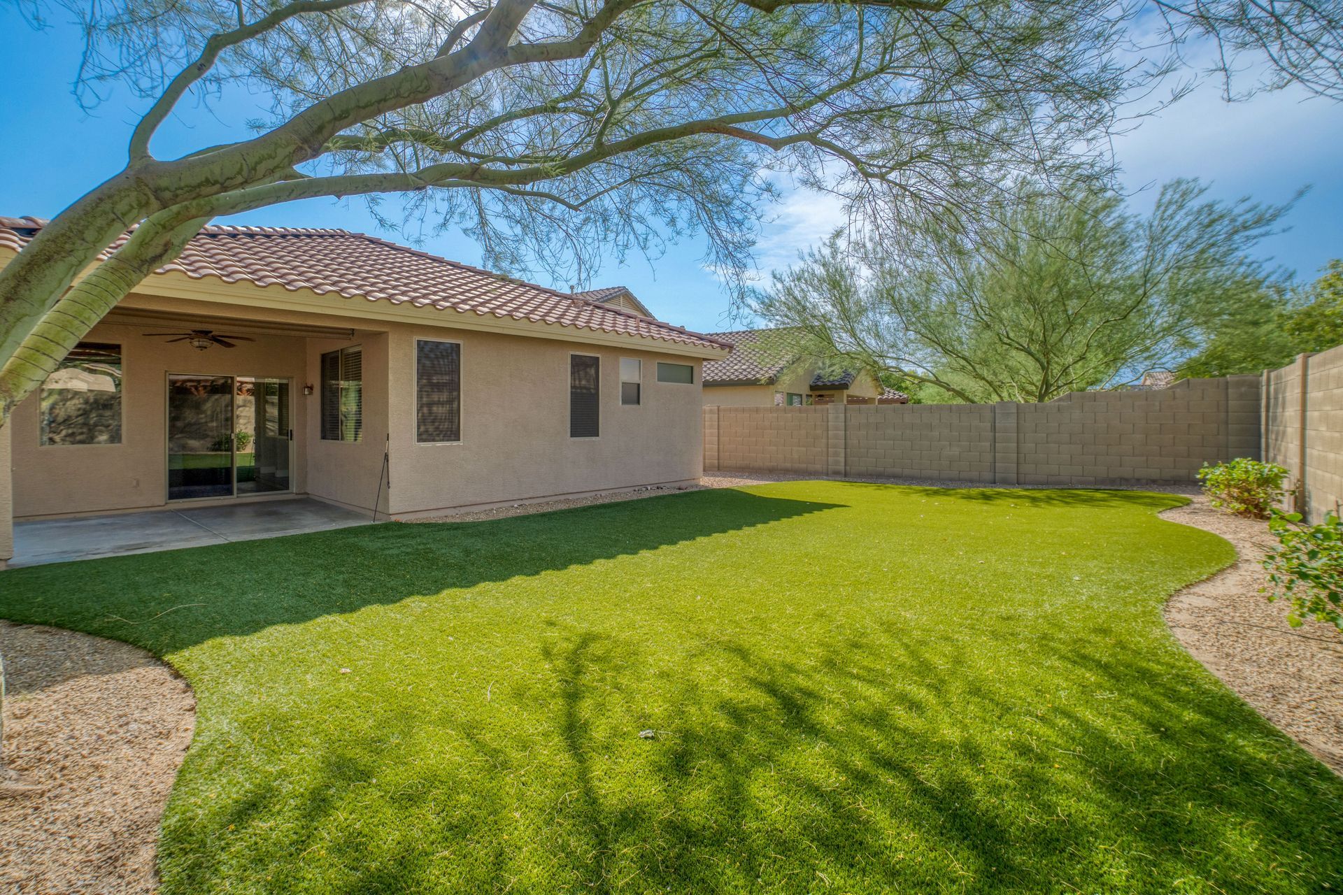 Une cour arrière ensoleillée avec une maison en stuc, une pelouse verte et un grand arbre.