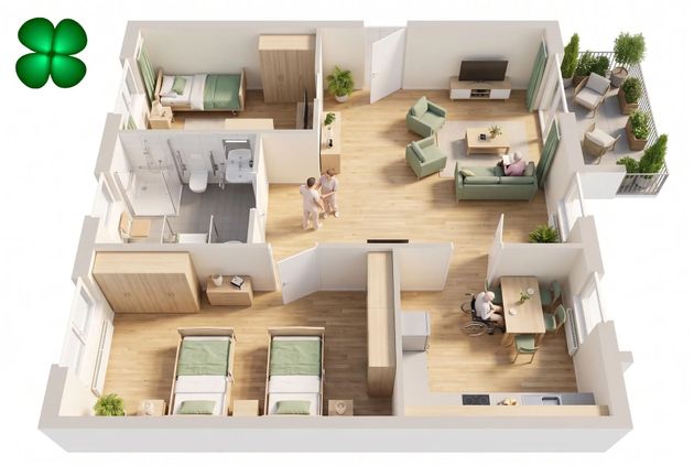Draufsicht auf den Grundriss einer modernen Wohnung mit Schlafzimmern, Küche, Wohnzimmer und Balkon.